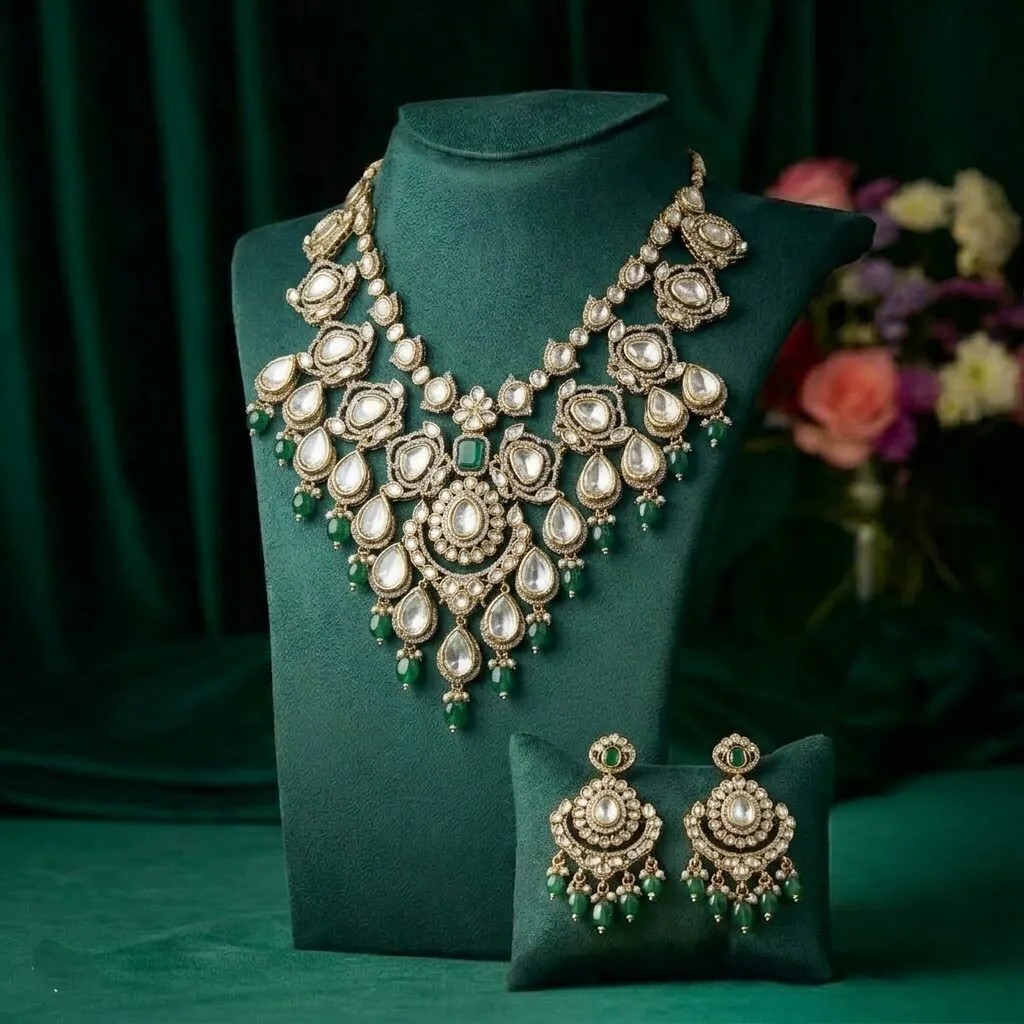 Emerald-Drop Polki Necklace Set