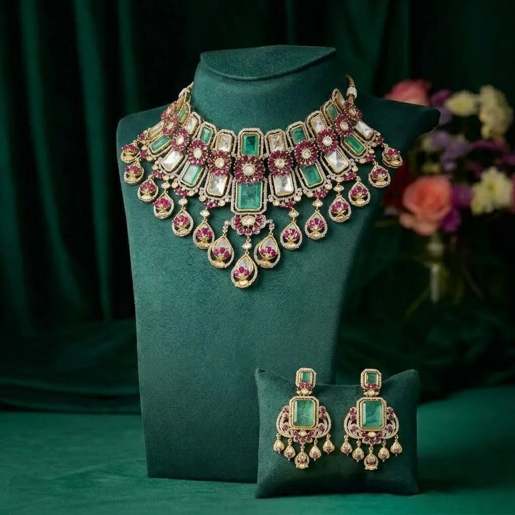 Royal Emerald & Ruby Polki Necklace Set