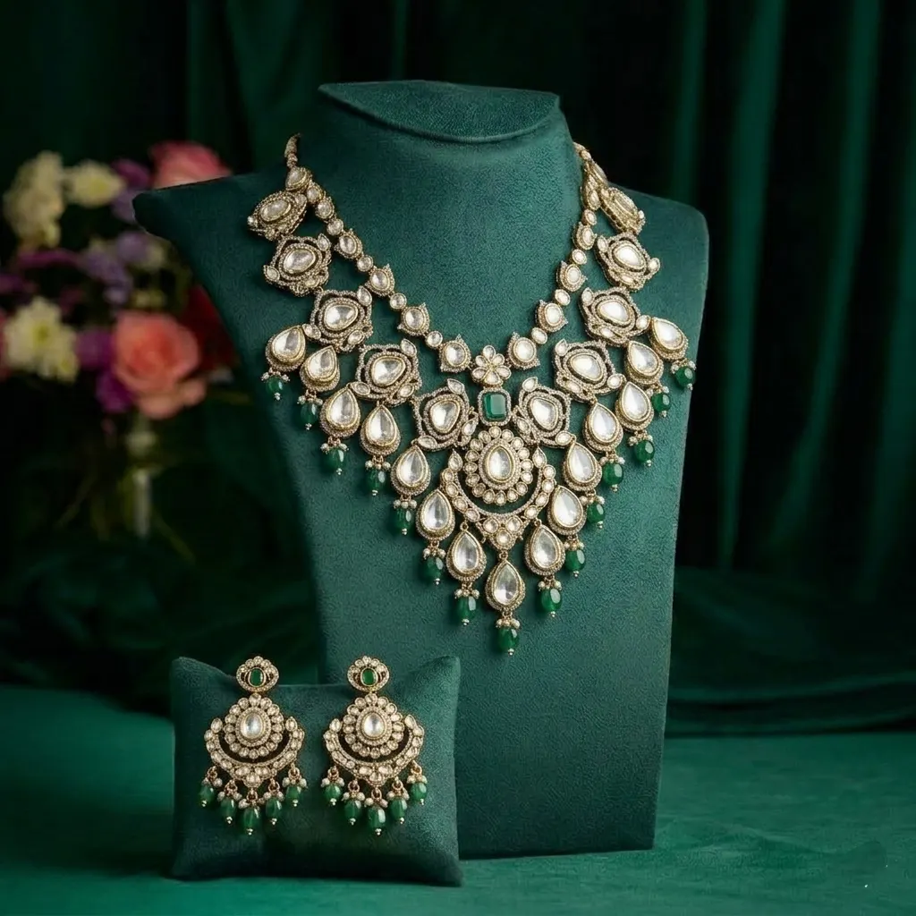Emerald-Drop Polki Necklace Set