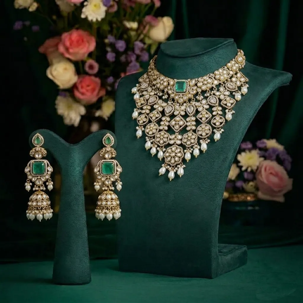Emerald & Pearl Jhumka Necklace Set